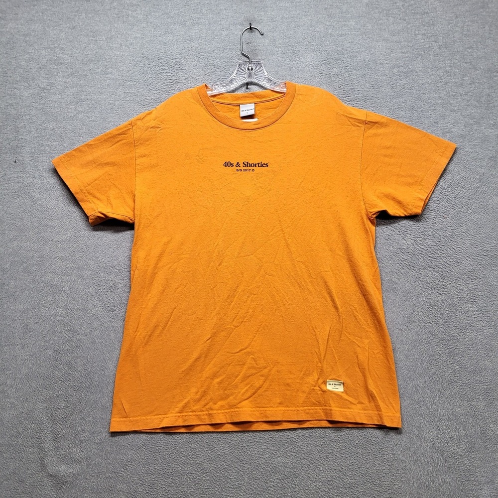 40s & Shorties Men Shirt L Orange Text Print Graphic Tee Short Sleeve